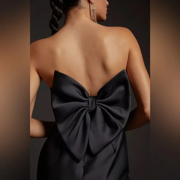 Hutch Strapless Black Satin Midi Dress with Back Bow - Picture 2 of 7